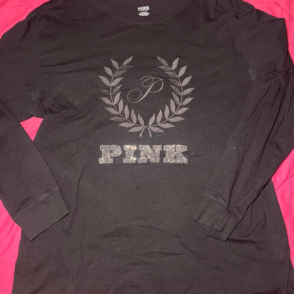 Victoria’s Secret PINK Embroidered Bedazzled Black Long Sleeve Shirt Size M